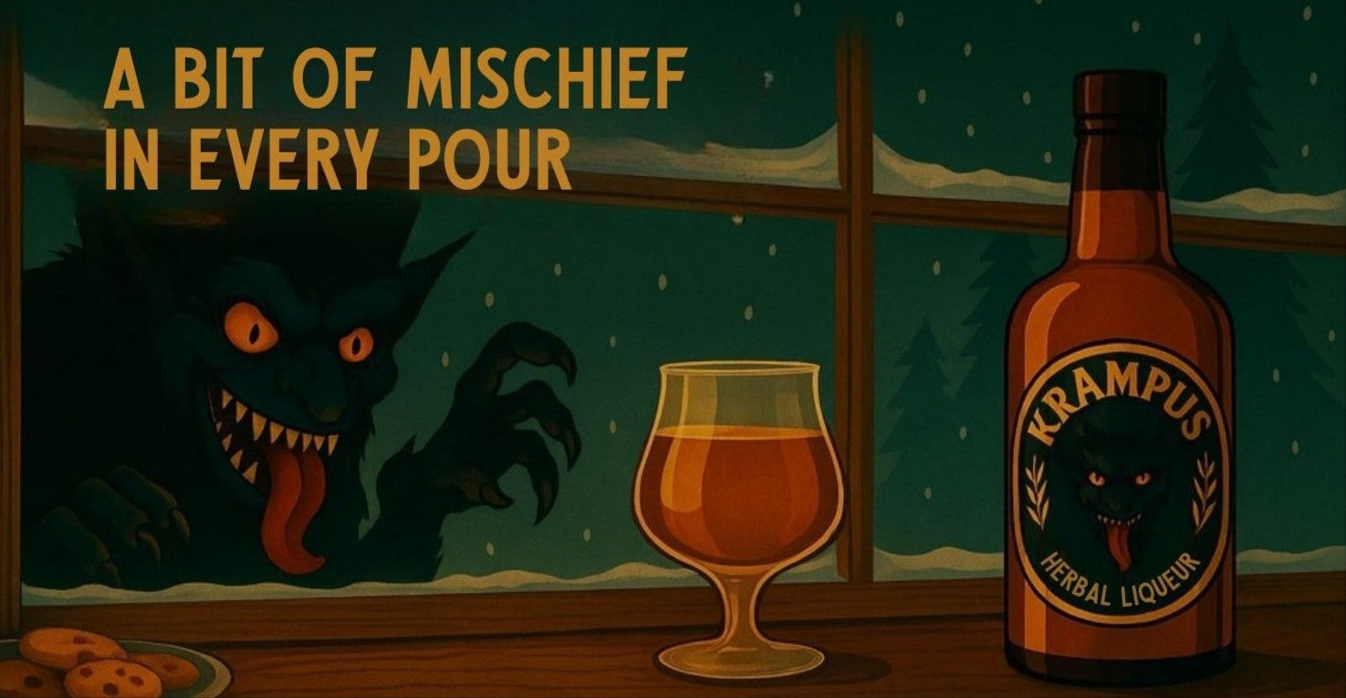 Krampus beer bottle with a glass of beer and a Krampus creature in the background.