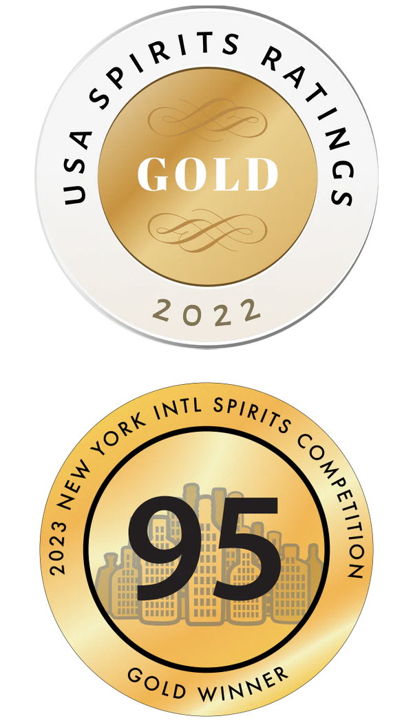 Two gold awards for spirits ratings from USA Spirits Ratings and New York Intl Spirits Competition on a white background.
