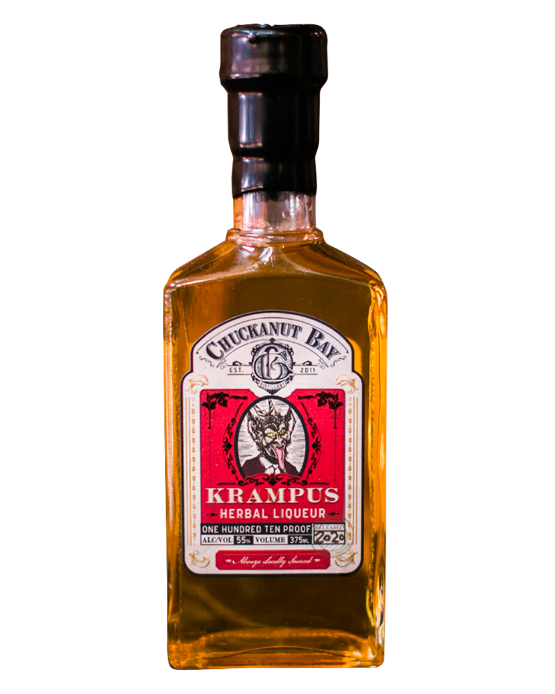 A bottle of Krampus Herbal Liqueur with a label featuring a red and white color scheme and a character illustration.