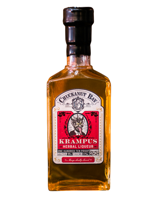 A bottle of Krampus Herbal Liqueur with a label featuring a red and white color scheme and a character illustration.