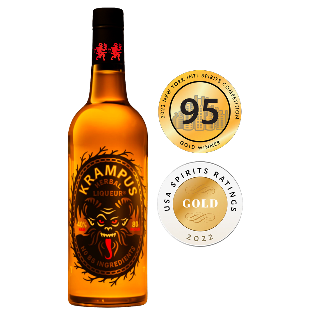 Bottle of Krampus Liqueur with awards on a white background