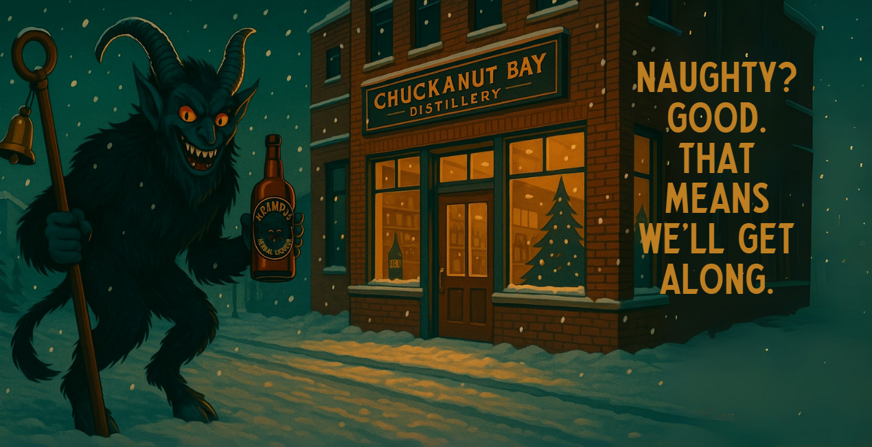 Monstrous figure with a key in front of a building labeled 'Chuckanut Bay Distillery' at night.